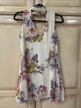 Floral Choker-Neck A-Line Dress - Cream